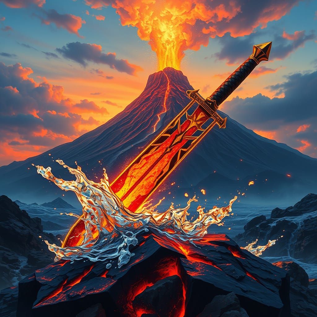 Elemental Sword: Lava and Water Fusion in Epic Fantasy Art