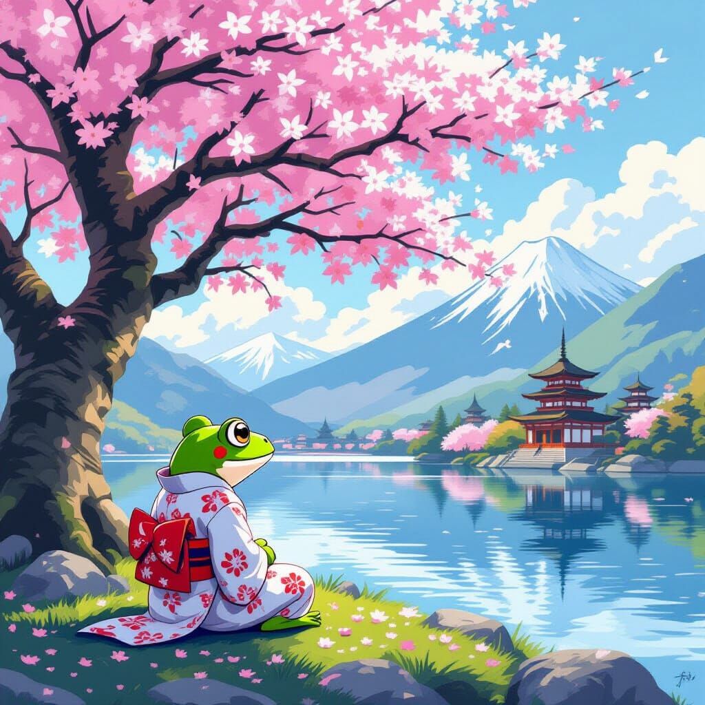 Frog in Kimono Under Sakura Tree, Miyazaki Style