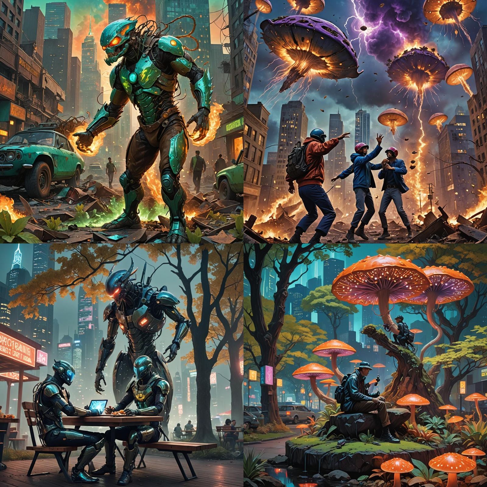 Surreal Hybrid Creatures Feast in City Park