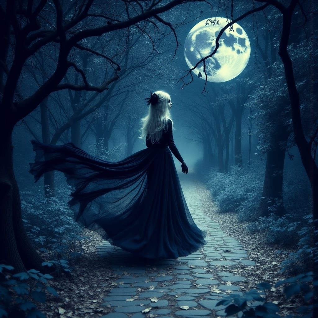 Ethereal Woman Strolls through Midnight Winter Wonderland in...