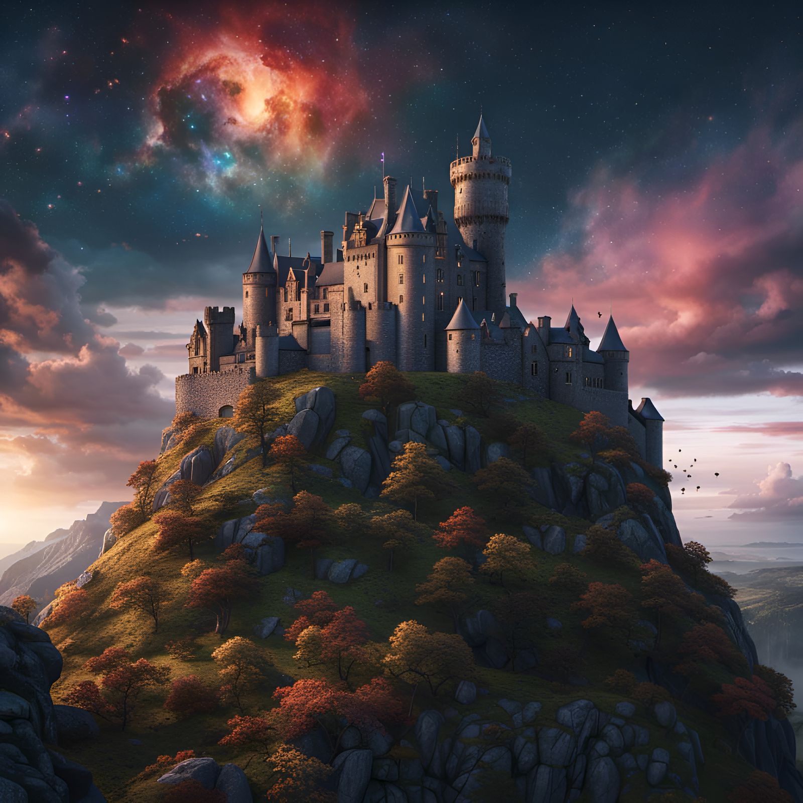 Scottish Highlands Castle Under Galaxy Sky