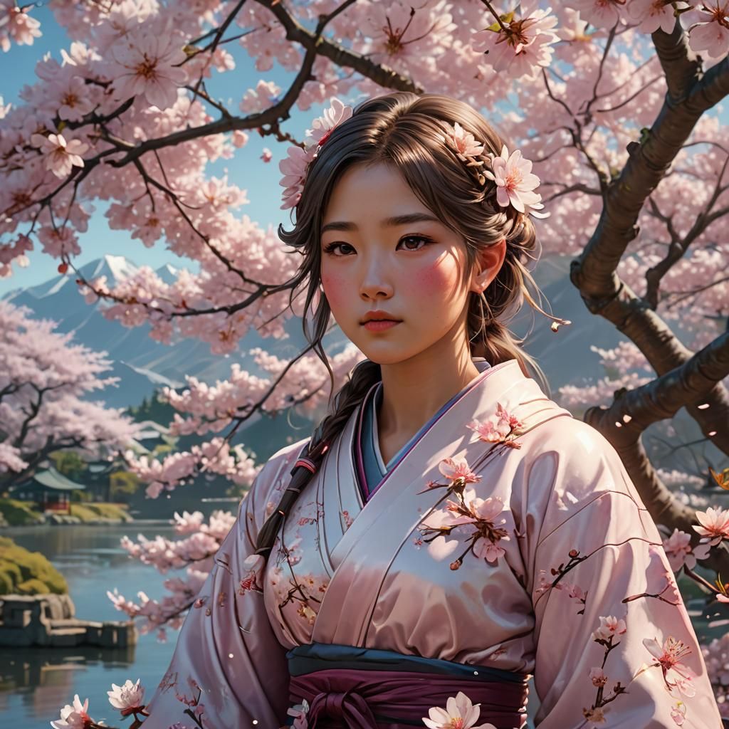 Blooming Cherry Blossom Over Japanese Lake