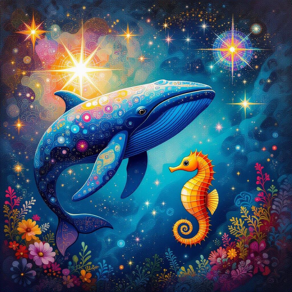 Whale and Seahorse in Cosmic Ocean, Visionary Art Style