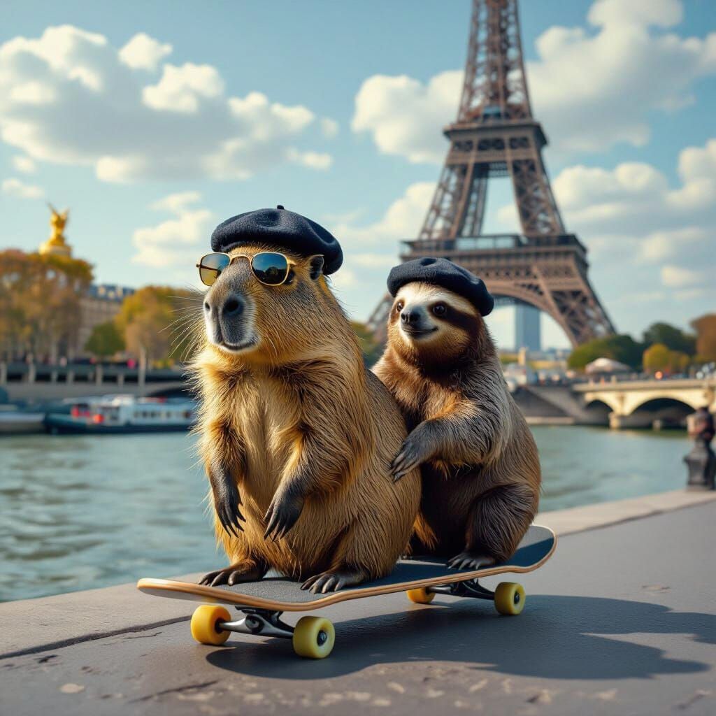 Capybara and Sloth Ride Skateboards in Paris