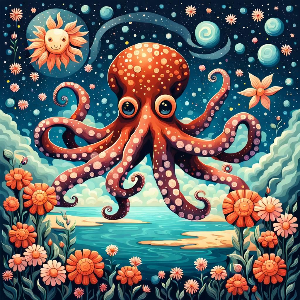 Octopus on Flower Planet Under Starry Sky