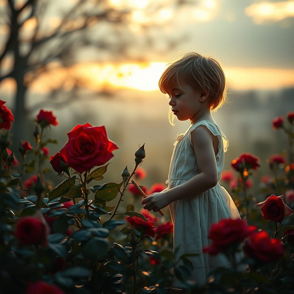 Mystical Glade at Twilight with Defiled Roses in Vibrant Red