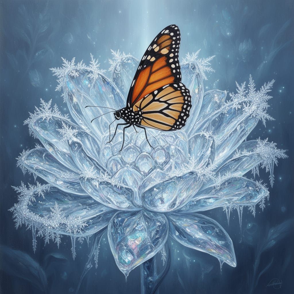 Monarch Butterfly on Shimmering Ice Flower