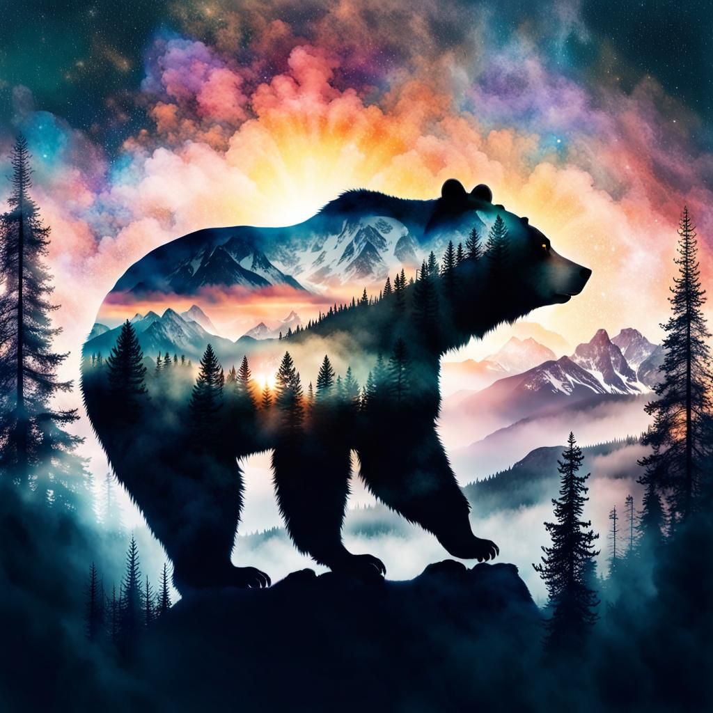 Mystical Double Exposure Bear with Mountain Sunset