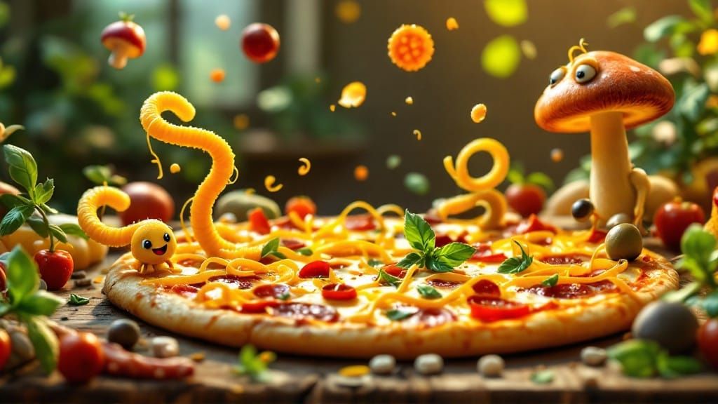 Whimsical Pizza Landscape with Animated Toppings