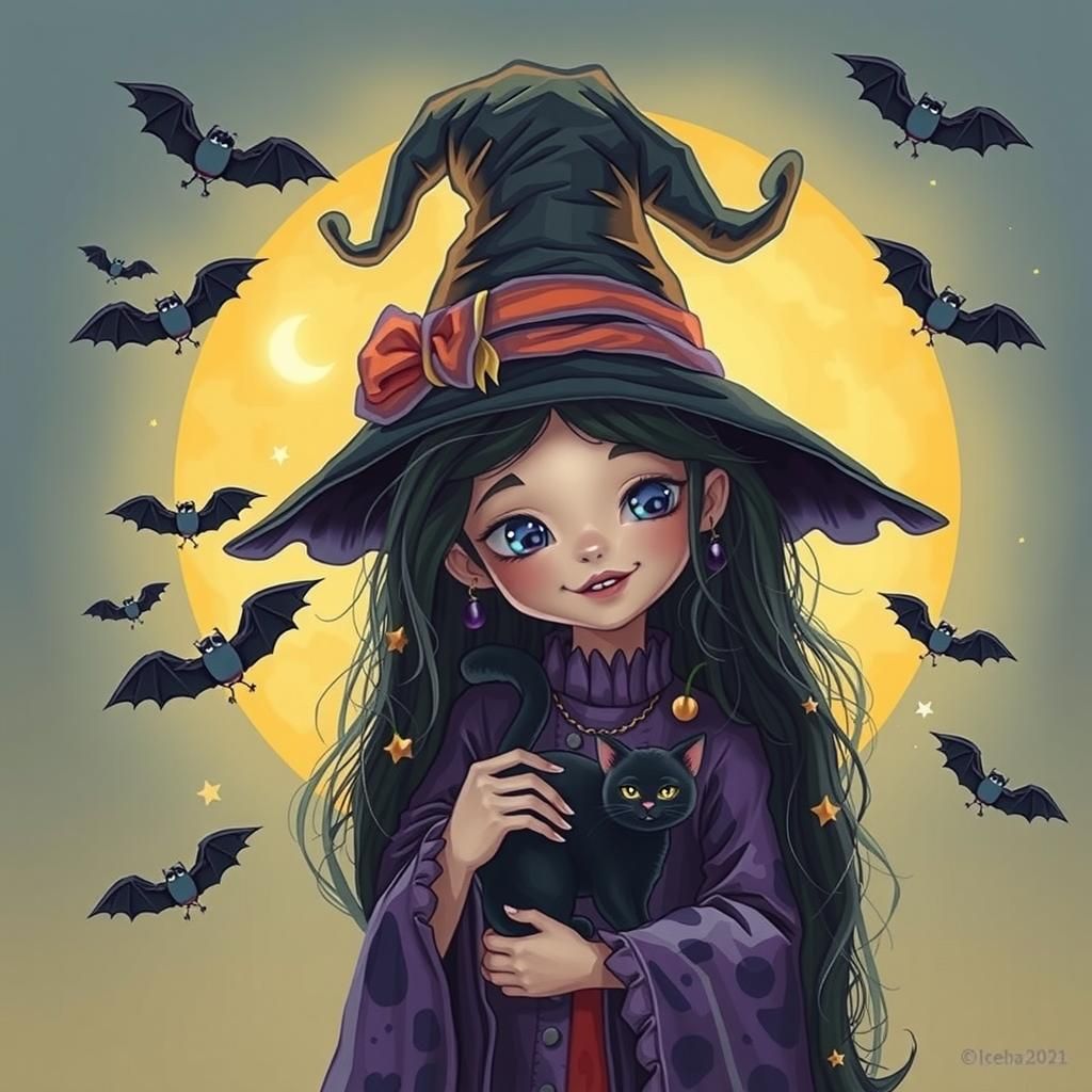 Friendly Witch with Cat Portrait in Pastel Colors