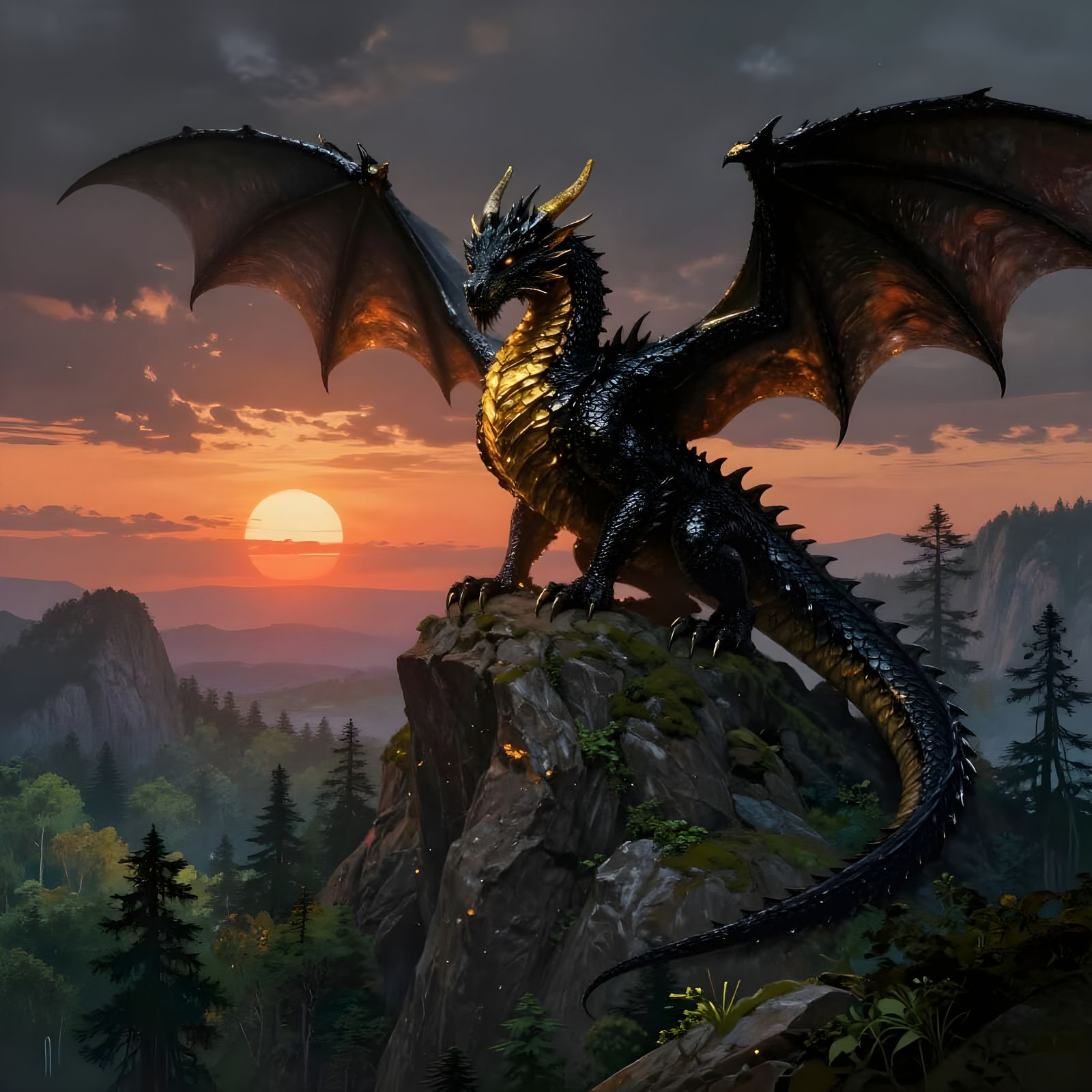 Majestic Obsidian Dragon Over Lush Forest