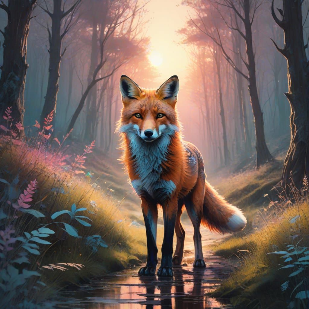 Enchanting Pastel Sunset Fox in a Dreamlike Forest