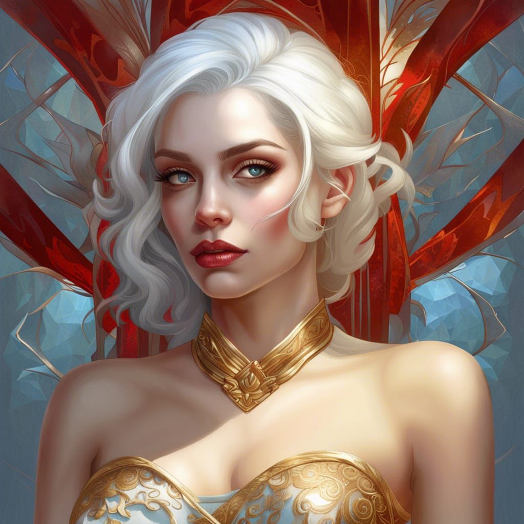 Woman with White Hair and Golden Dress Portrait