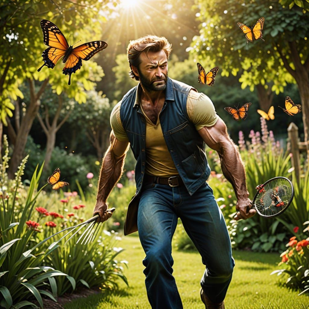 Wolverine Chases Butterflies in a Vibrant Garden