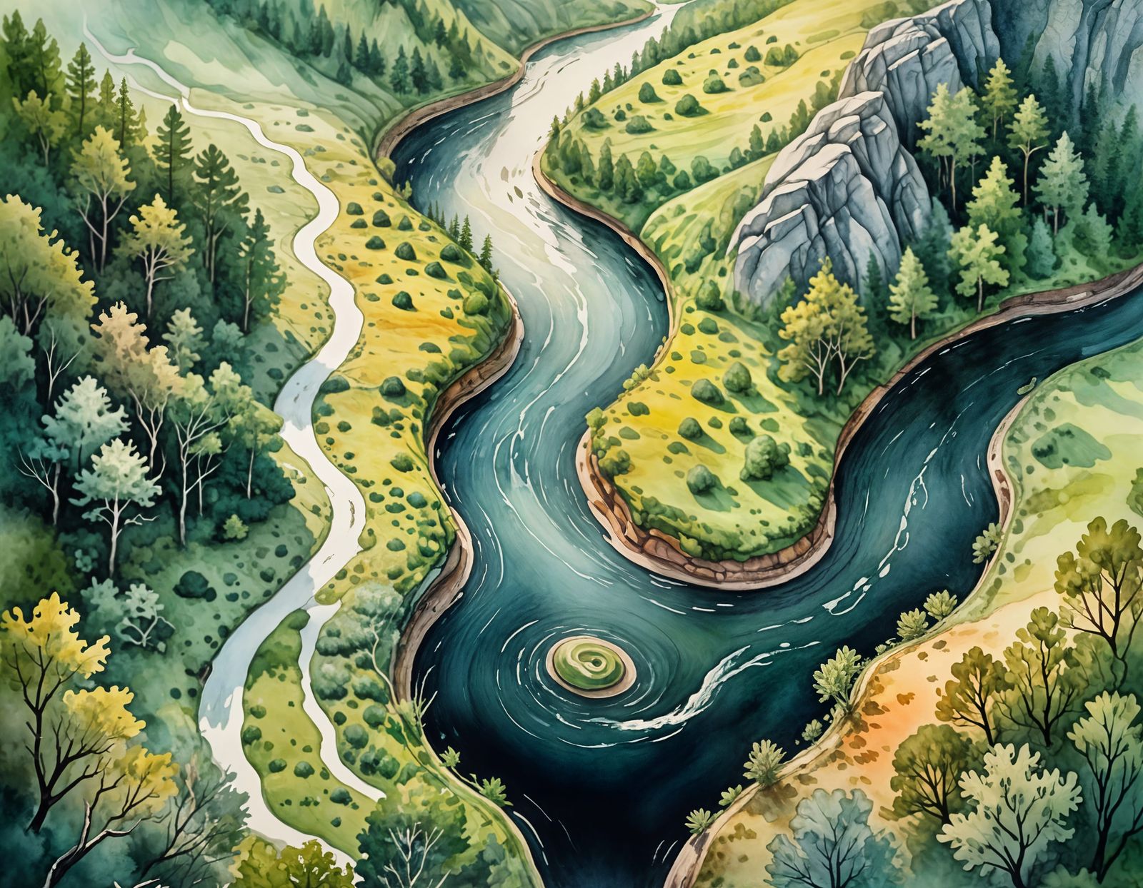 Watercolor River Through Untouched Wilderness