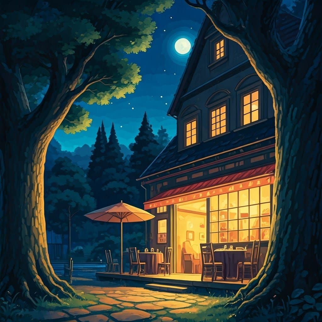 Moonlit Outdoor Dining in Ghibli Style