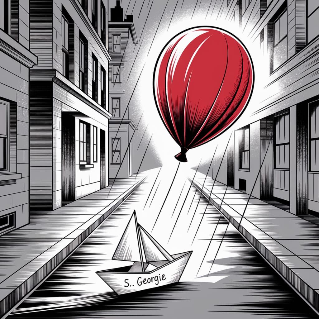 Whimsical Red Balloon in Rainy Cityscape, Ink-Drawn Illustra...