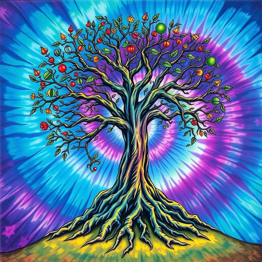 Psychedelic Tree of Life in Vibrant Tie-Dye Hues