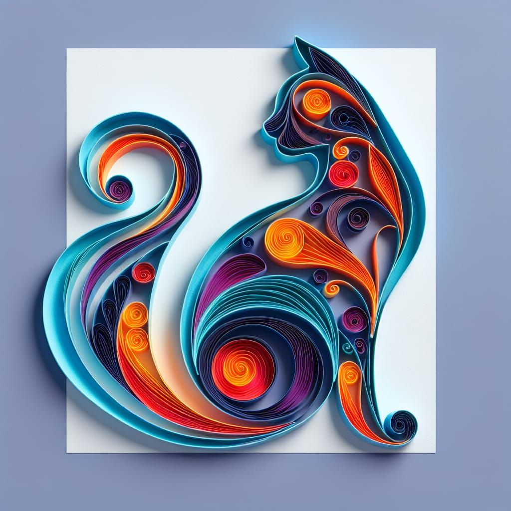 Ethereal Quilling Art Cat Silhouette in Vibrant Colors