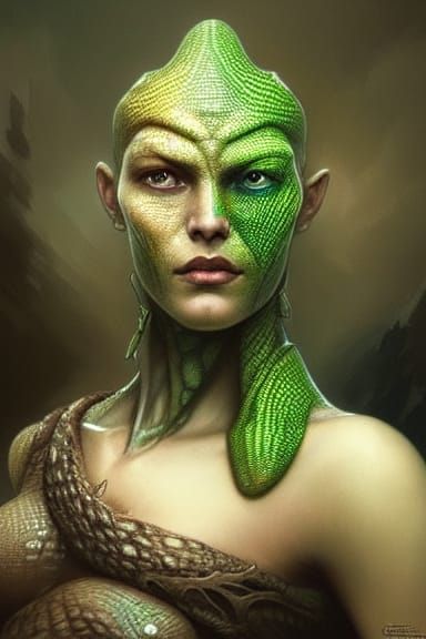 Victorian Lizard Woman Portrait in Art Nouveau Style