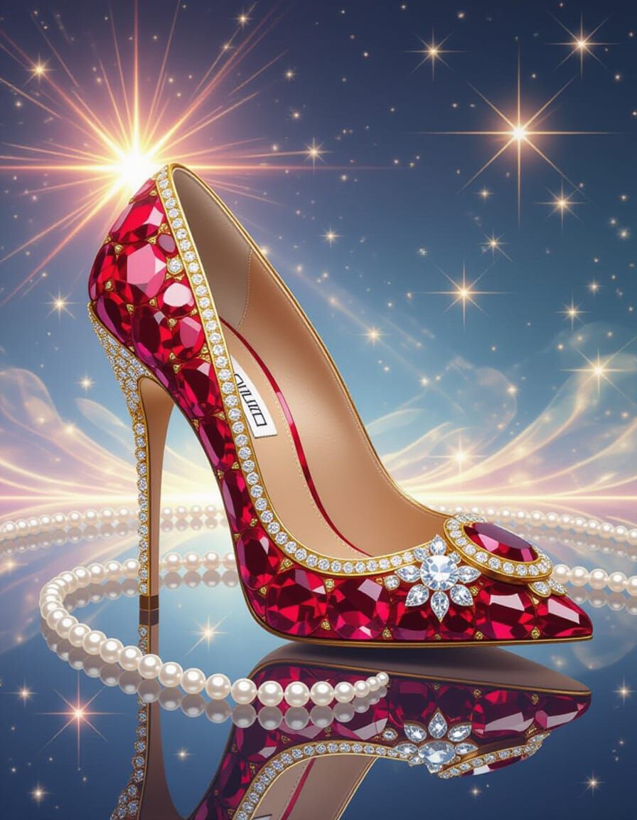 Red High Heels with Jewels in Holographic Astral Style