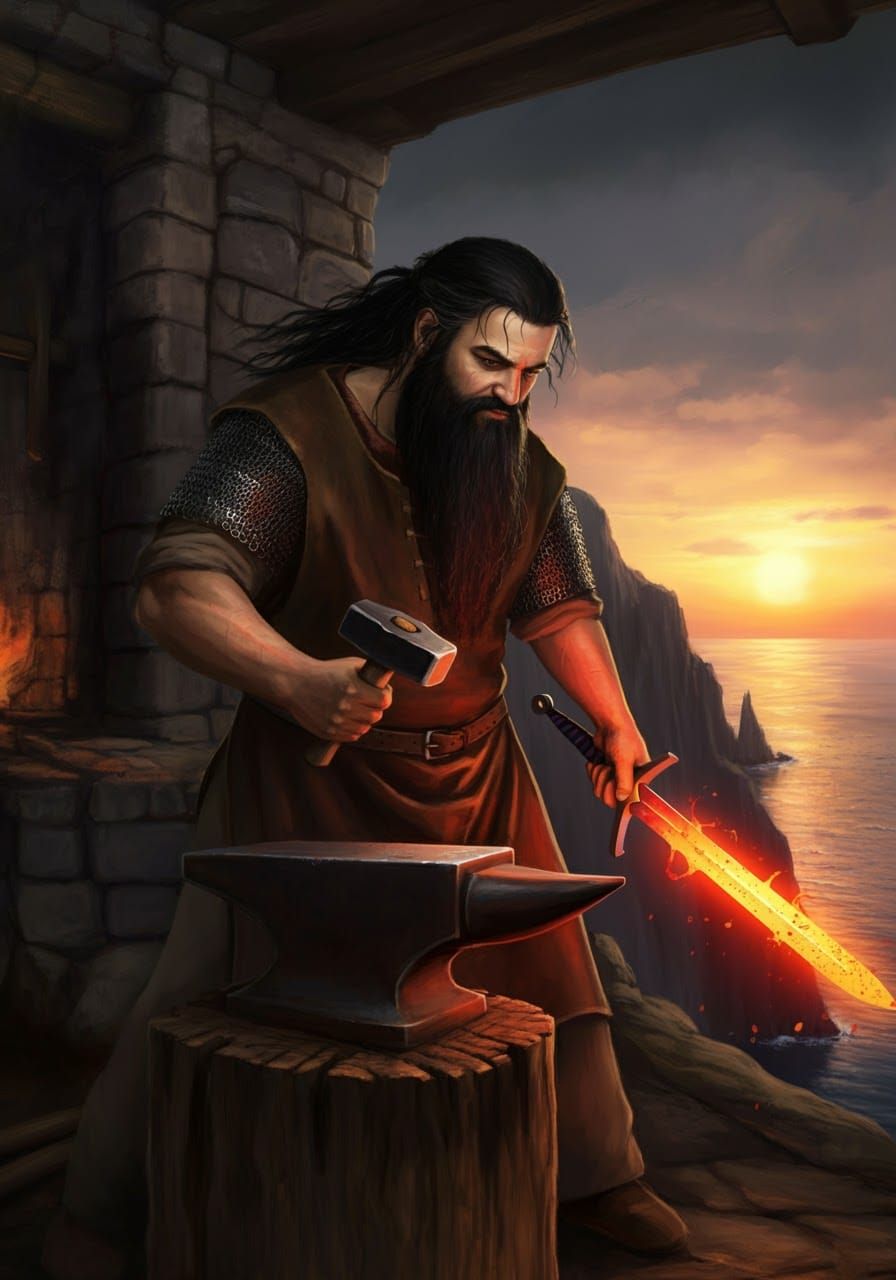 Celtic Blacksmith Forging Sword at Sunset