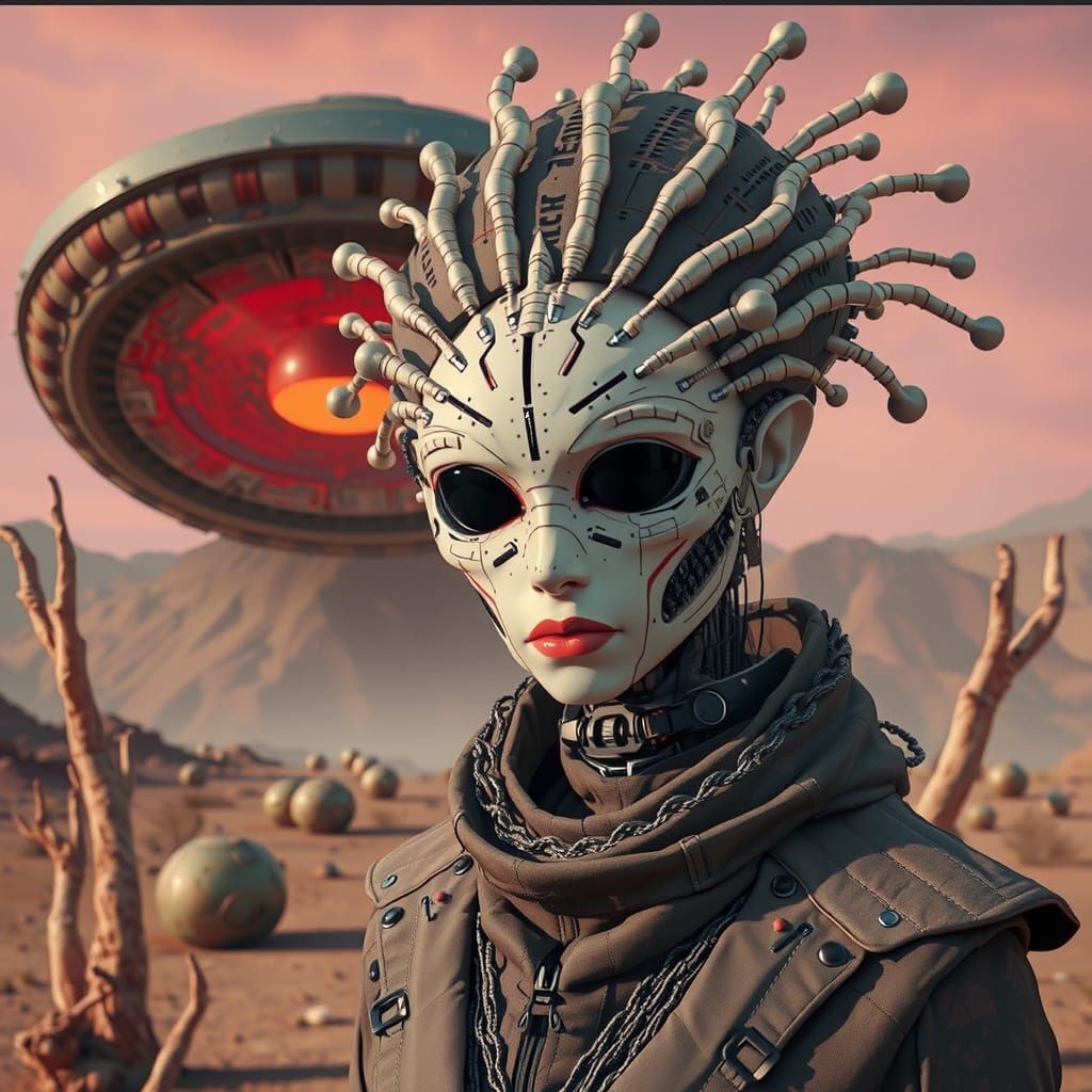 Cybernetic Alien Goddess in Futuristic Desert Landscape