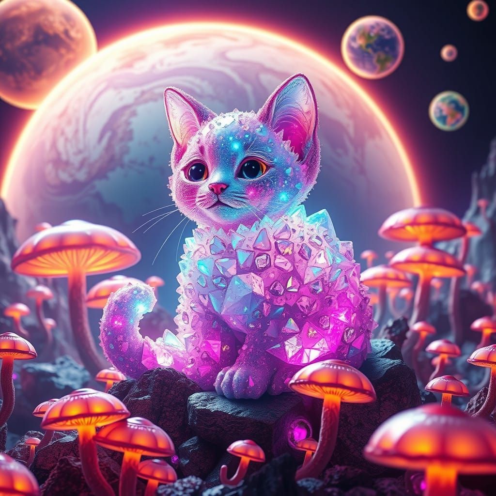 Whimsical Crystal Kitten in a Vibrant Planetary Dreamscape