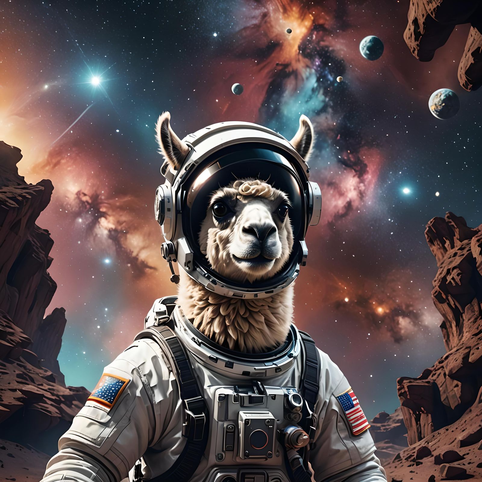 Llama Astronaut in Space: Detailed Matte Painting