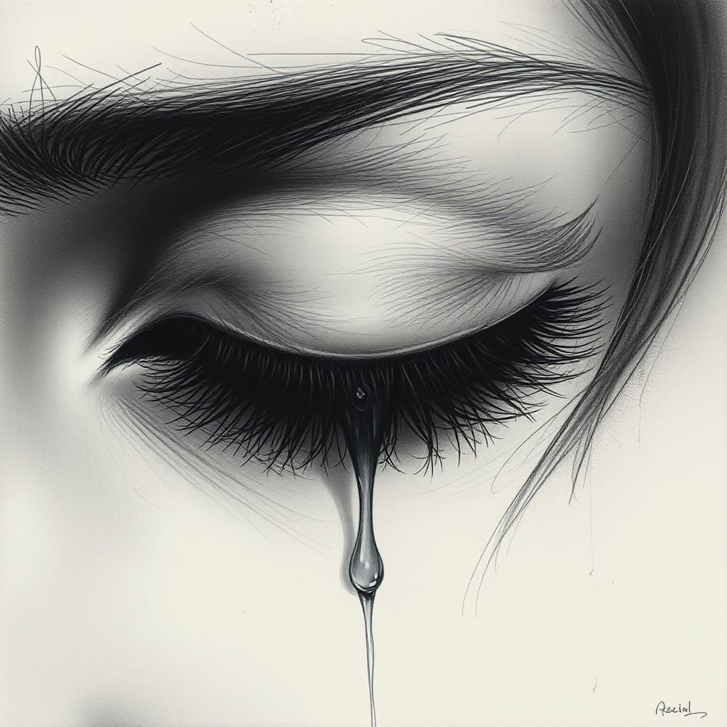 Hyperdetailed Charcoal Portrait of a Single Tear Dropping fr...