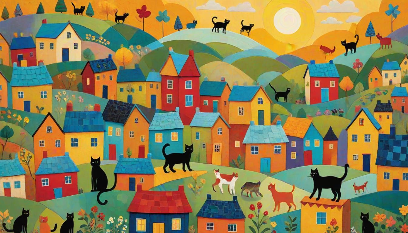 Whimsical Folk Art Village Scene with Playful Cats