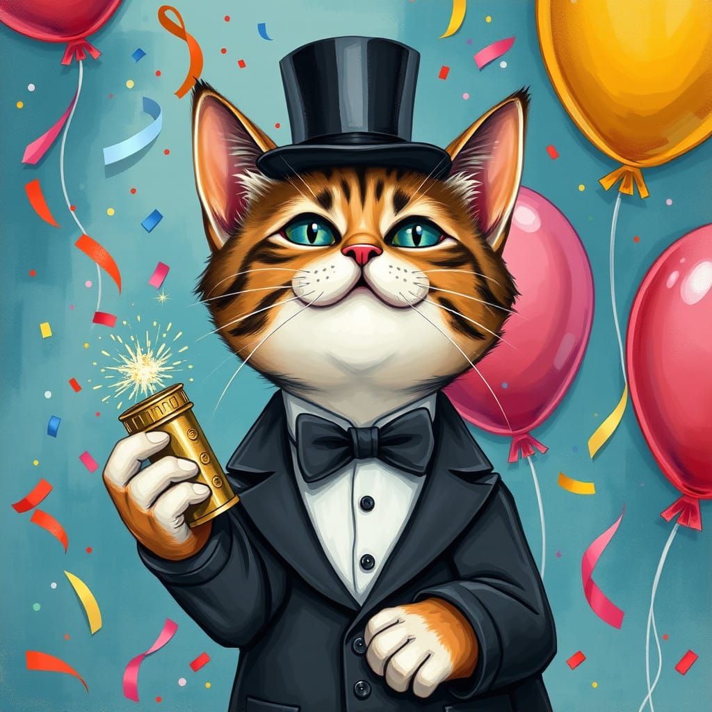 Whimsical Tuxedo Cat Celebrates New Year in Vibrant Style