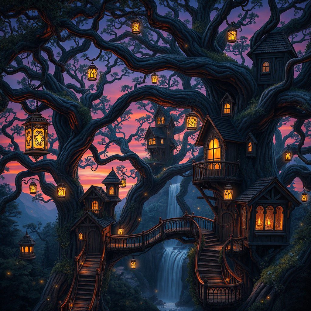 Mystical Treehouse Village at Twilight in Fantasy Style