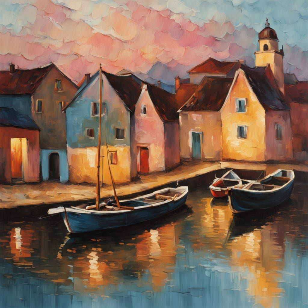 Baroque Fischerdorf at Dusk: Impressionist Gouache Style