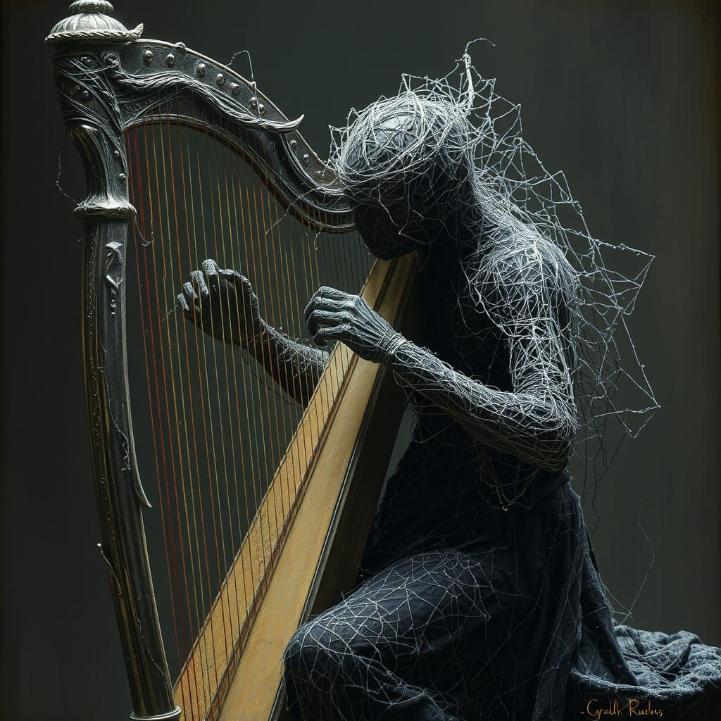 Spiderweb Harpist in Ethereal Silvered Horror Style