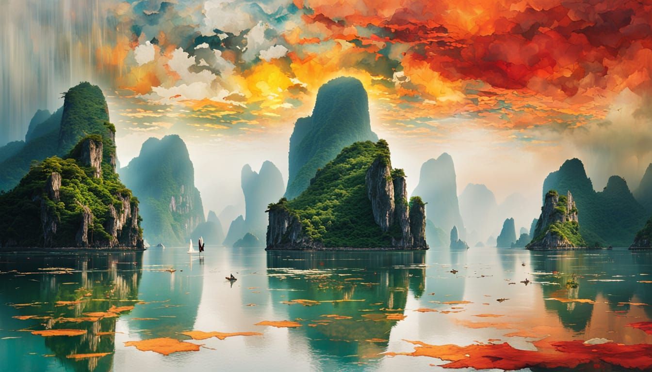 Surreal Goddess Embracing Ethereal Ha Long Bay