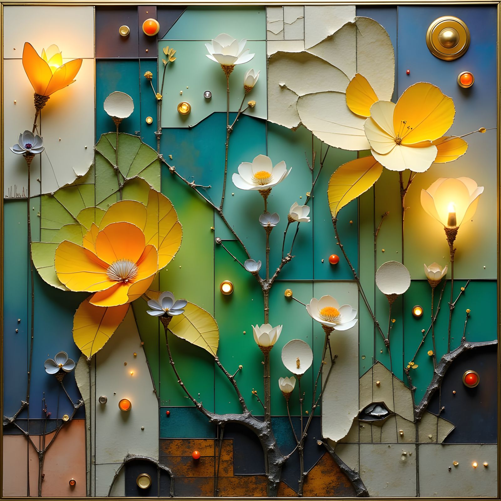 Bioelectric Flowers with Silver Edges in Encaustic Style