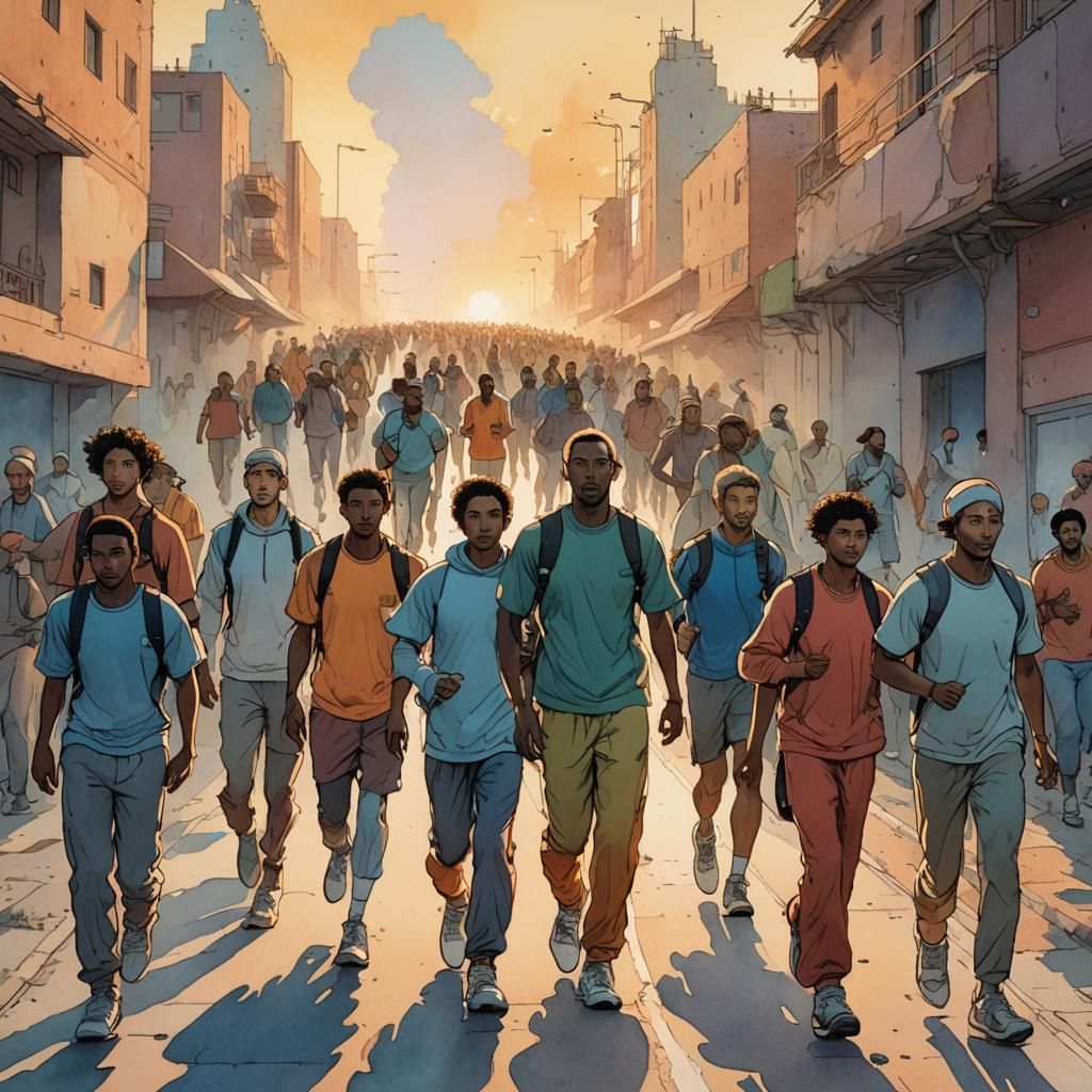 Diverse Athletes United at Dawn in Watercolor Style