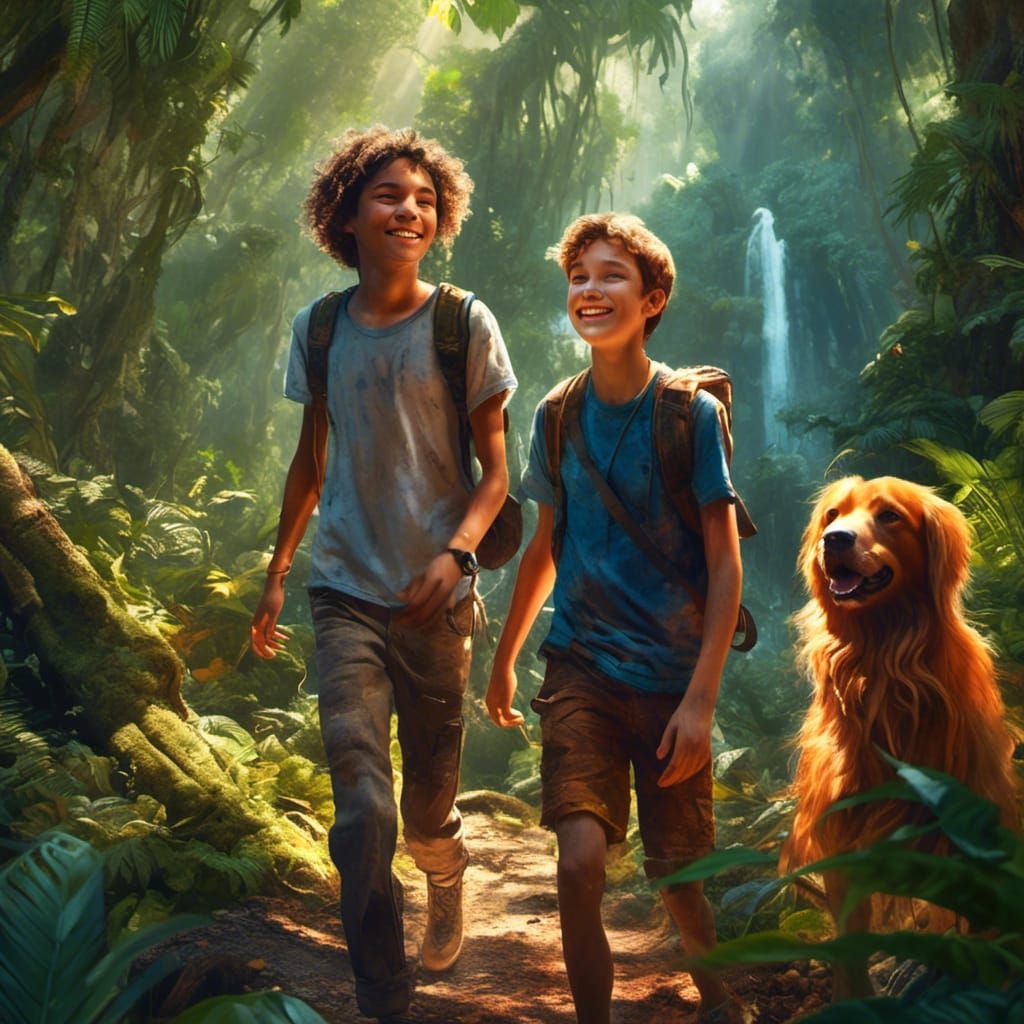 Teenagers in Rainforest with Retriever, Hyperrealistic Splas...