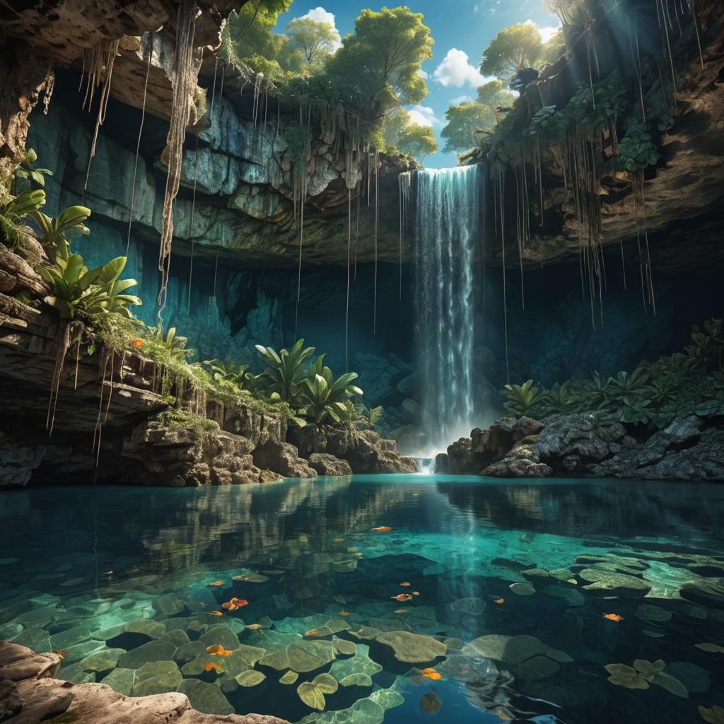 Cenote.  A beach and waterfall within. shimmering crystal cl...
