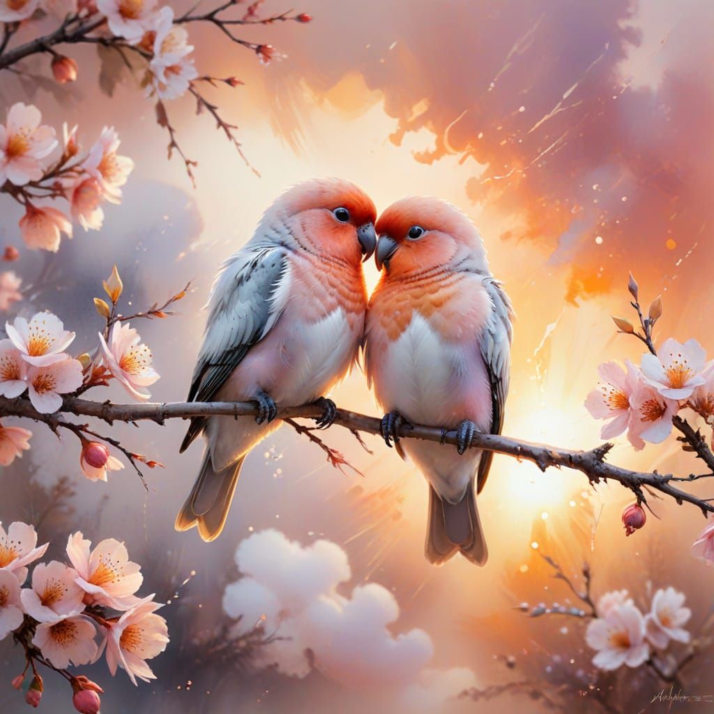 Lovebirds in Watercolor Sunset, Willem Haenraets Style