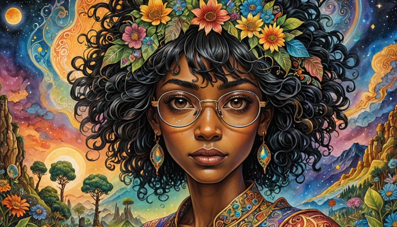 Melanin Woman's Cartoony Self-Portrait with Black Hair