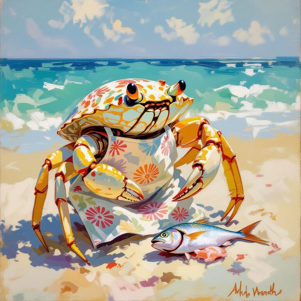 Ghost Crab's Beach Feast: Impressionist Style