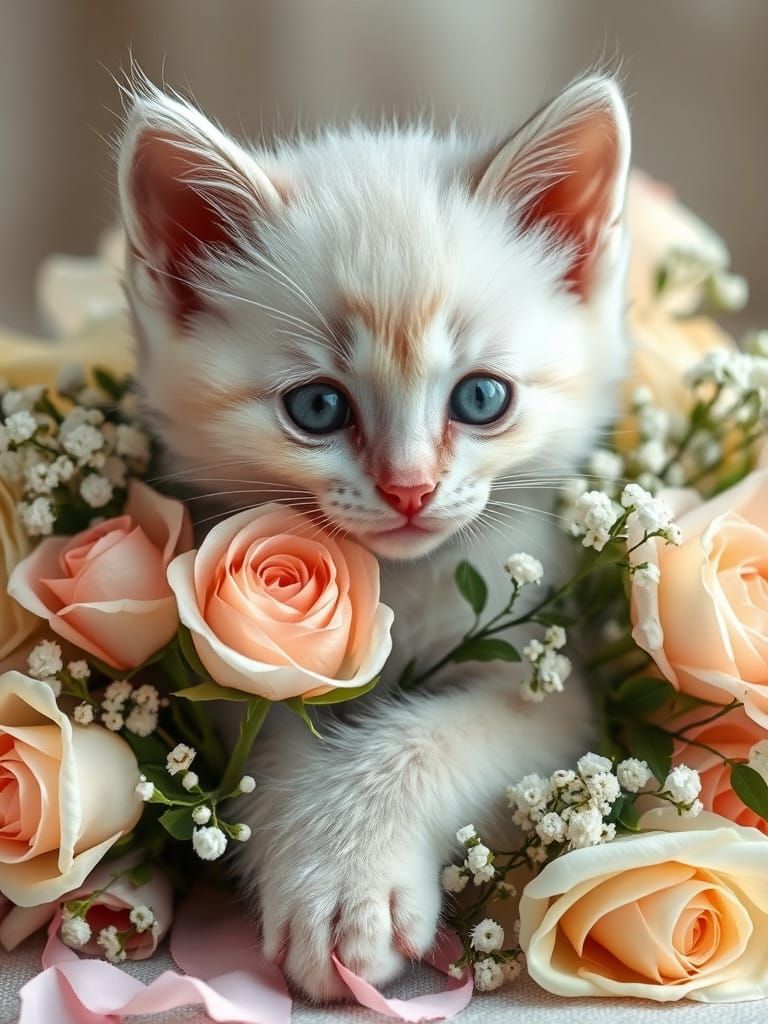 White Kitten with Roses: A Photorealistic Portrait