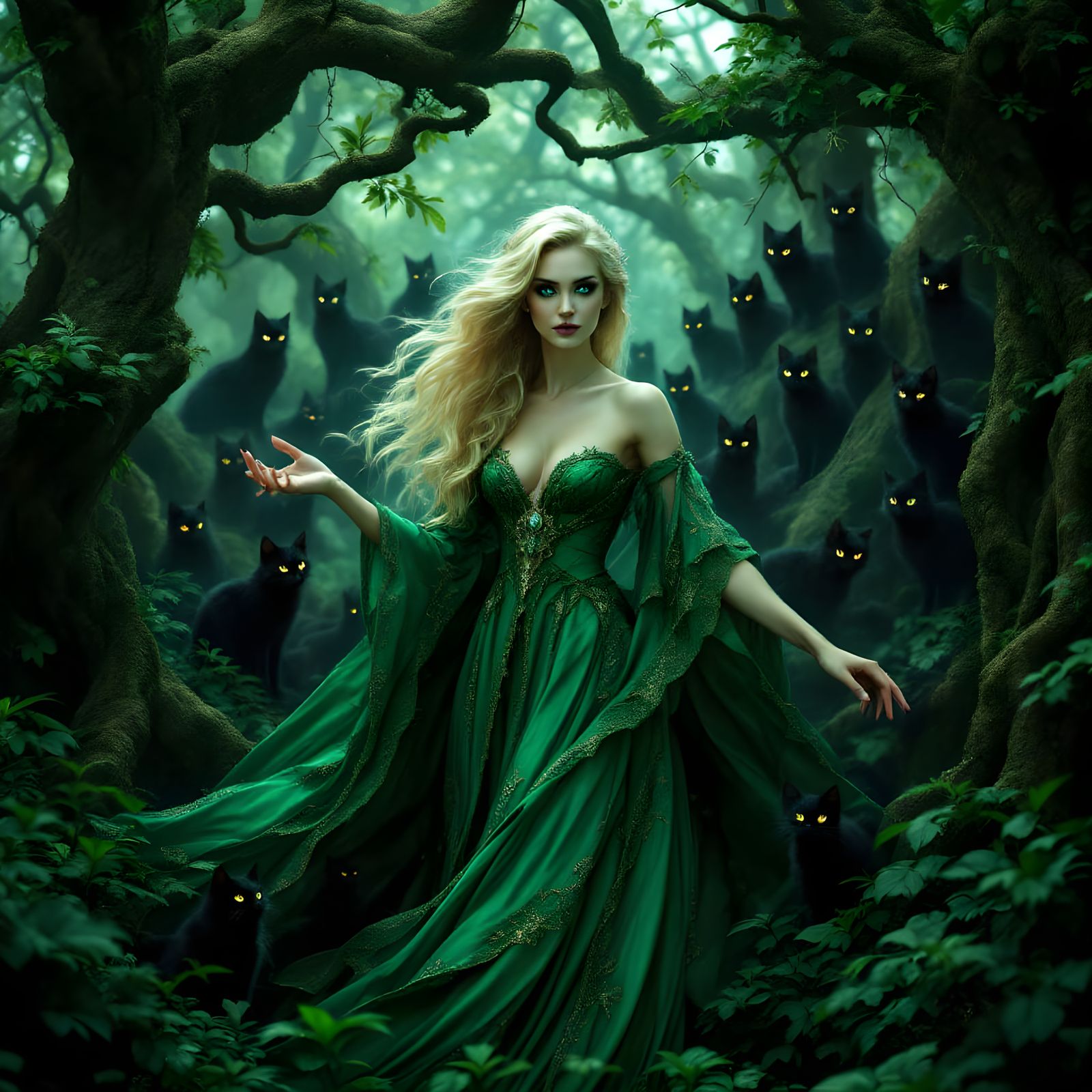 Blonde Witch Summons Black Cats in Forest, Hyperrealistic