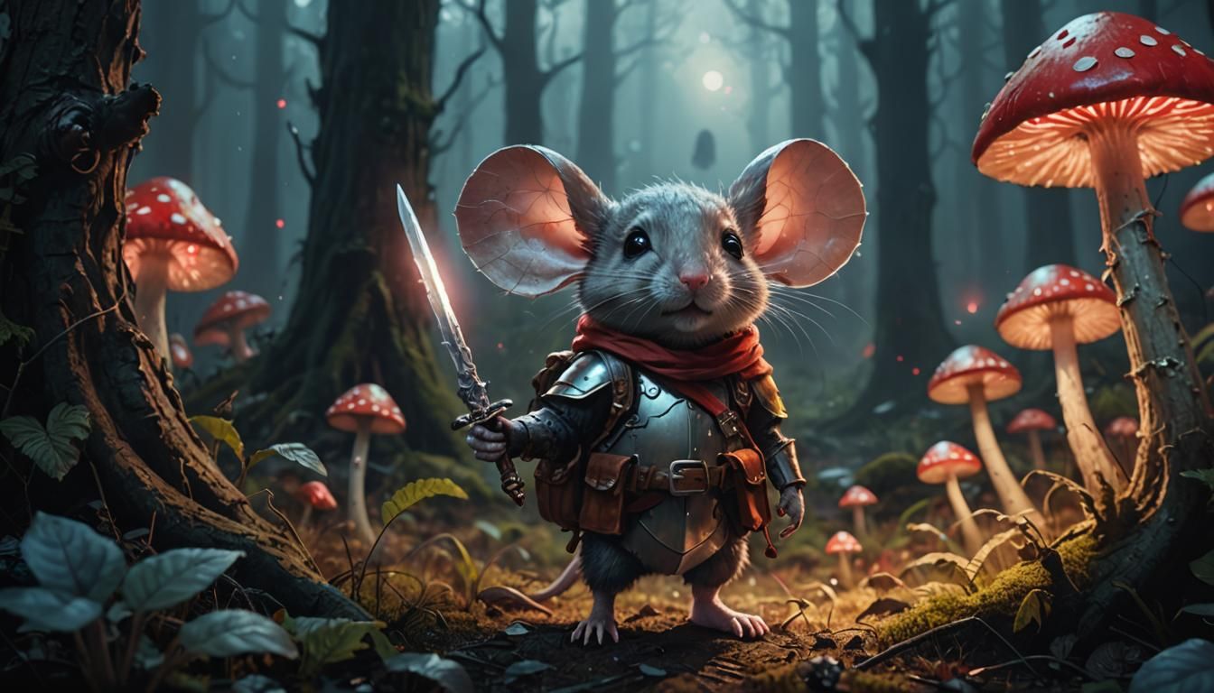 The Heroic Mouse Knight on his way through a dark magical fo...