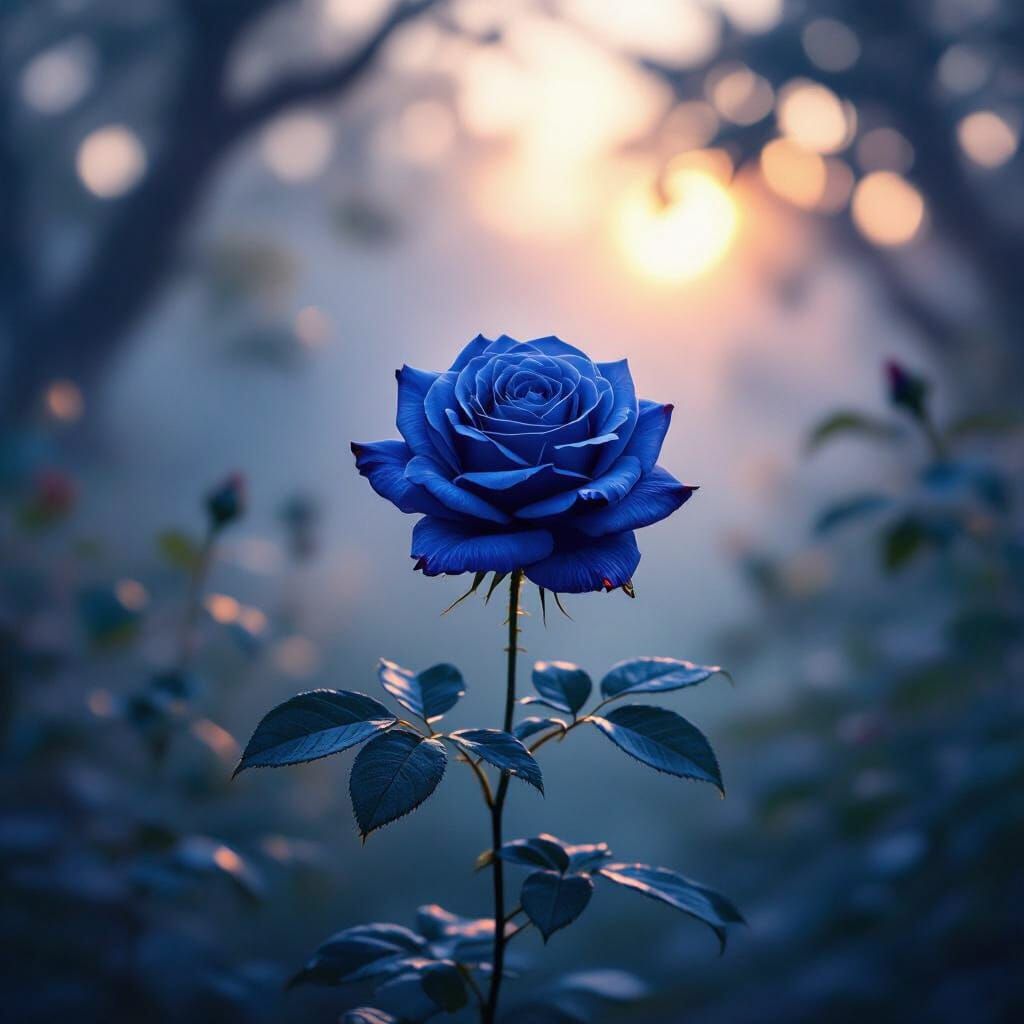 Deep Blue Rose in Misty Twilight Garden