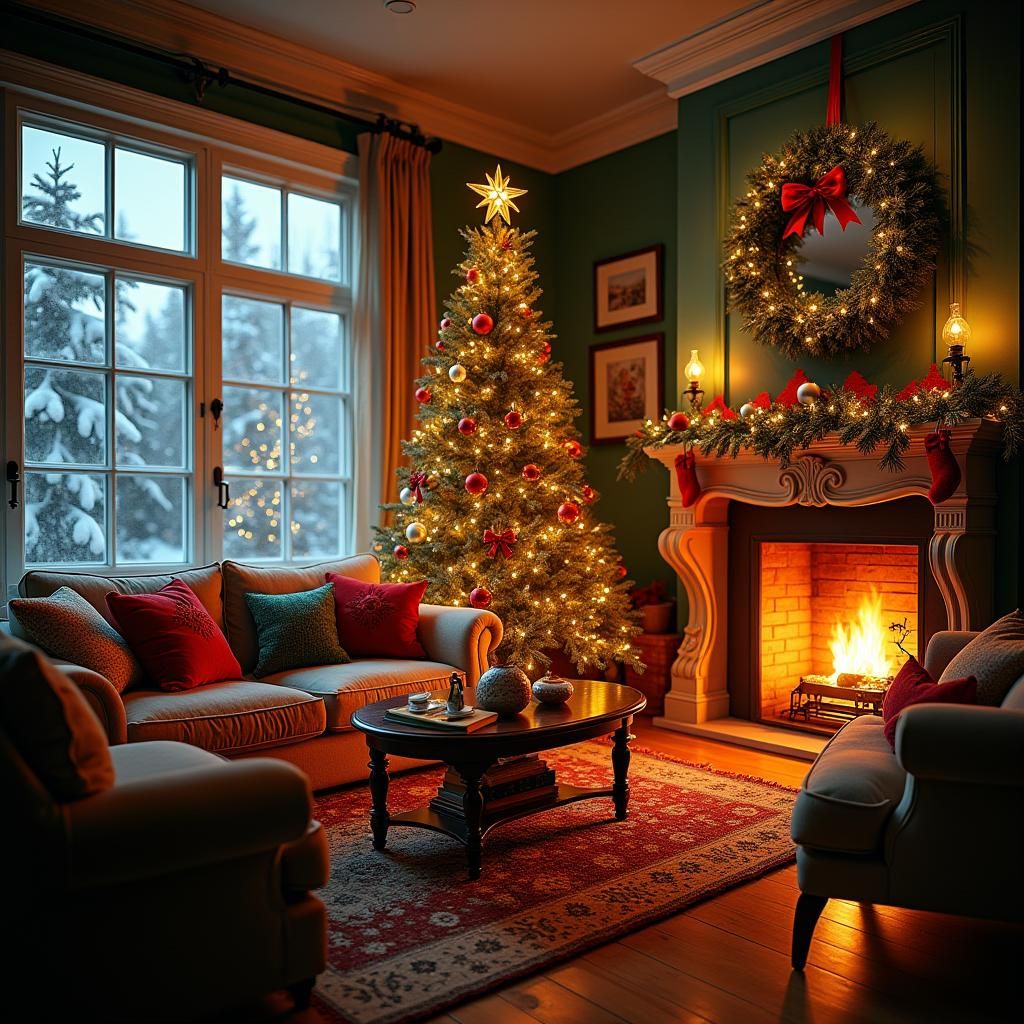 Hyperrealistic Christmas Living Room Scene with Golden Glow
