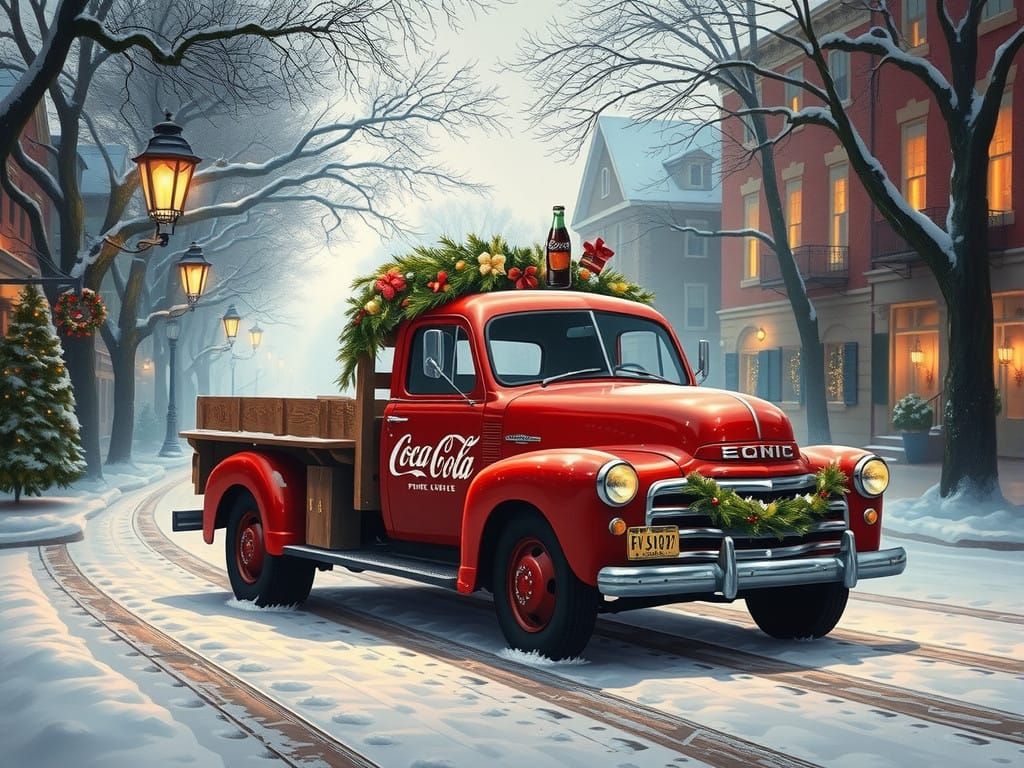 Vintage Coca Cola Truck Under Christmas Lights