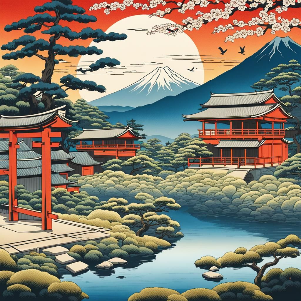 A beautiful typical japanese landscape in the style of Japan...